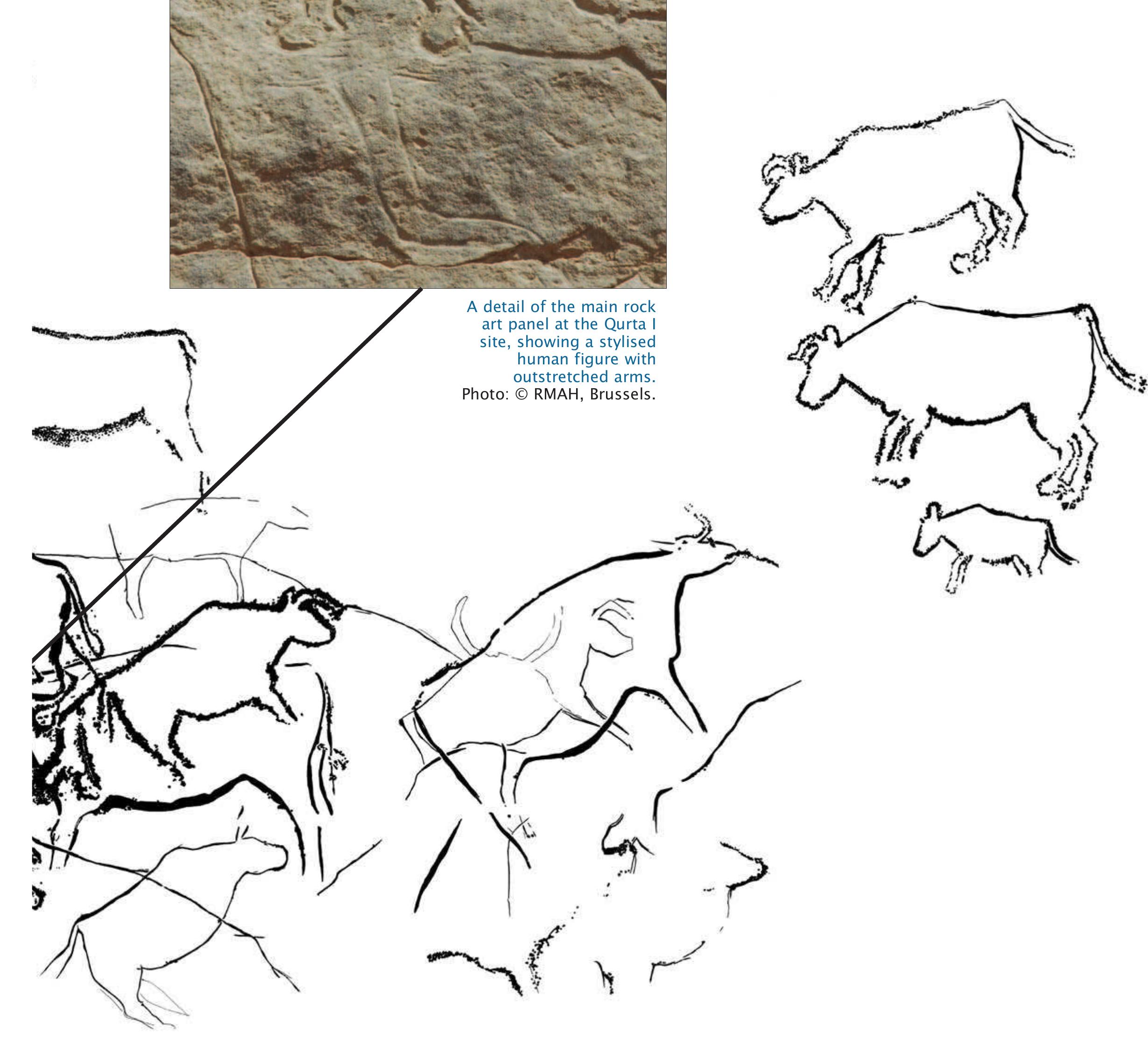 heads, breasts, arms and feet are absent (see overleaf, bottom). The combination of naturalistic depictions of animals with rather stylised human figures makes Qurta unique, not only in Egypt but in the whole of North Africa. Based upon the style of the drawings, the techniques used, the degree of weathering of the engravings and their probable archaeo- logical context, their age was estimated, at the time of their discovery, at about 15,000 years. The Qurta engravings would therefore be more or less contem- porary with the artistic works produced 