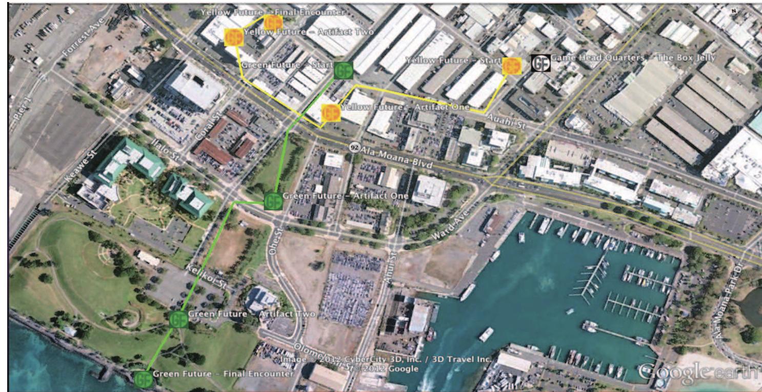 Figure 2. POI map utilizing Wikitude MAR created for the Yellow/Green team  Following the paths created specifically for each team, players used their smartphone’s GPS to move through Kaka‘ako where they would learn more abou their scenario at designated street artifacts. When players successfully made it to a street artifact using Wikitude and linked to the appropriate Google form, they were prompted to select a character from the futures in order to receive additiona information about their specific role in the scenario. Two street artifacts were created for each path, and gamers were asked to tweet pictures of the street artifacts they encountered. Gamers were also told to look for color-coded QR codes tha were hidden along each team’s path. When gamers came across a QR code, which linked to a mobile Tumblr blog with additional scenario information, they were asked to tweet what they discovered for bonus points.  