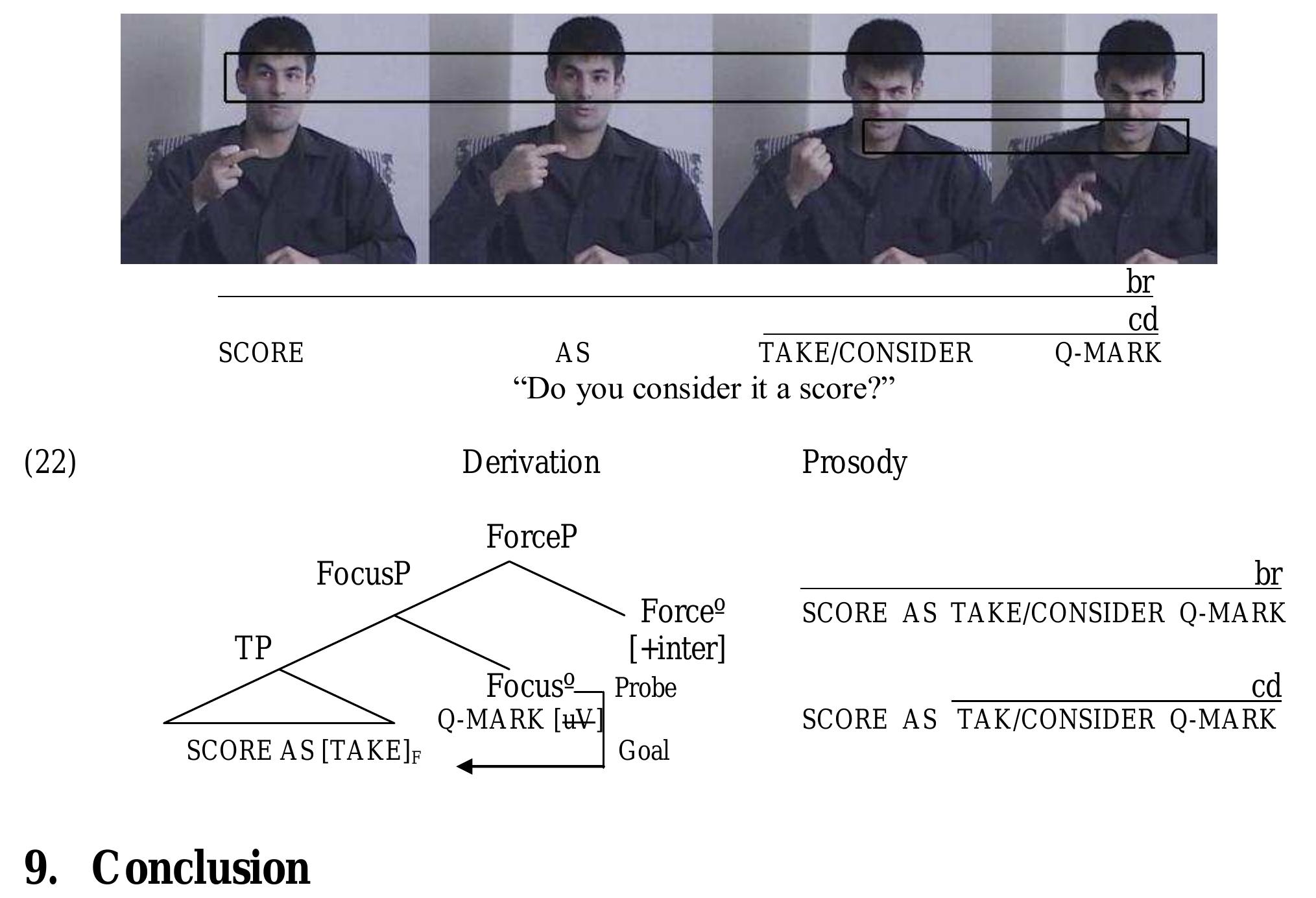 (21) chin-down is over the verb + Q-MARK while brow- raising is over the whole clause In this paper, we discussed the prosody and syntax of positive declarative sentences an ques that their behaviour is crucial for analysis of TID grammar. In he surrounding language and showed how t discu simp ions in TID. We made use of t ssion of a borrowed item from t diffe rences between TID and Turkis the long run. y borrowed and randomly put anywhere in a question bu TID grammar in principled ways. We hope this will benefit our he distribution of NMMs for our discussio t it is indeed acc understanding o h and the language contac ns and p ommoda d polar roposed this sense, we pursued a detailed his marker is not ted into f similari t and bilingualis ties and m discussions in