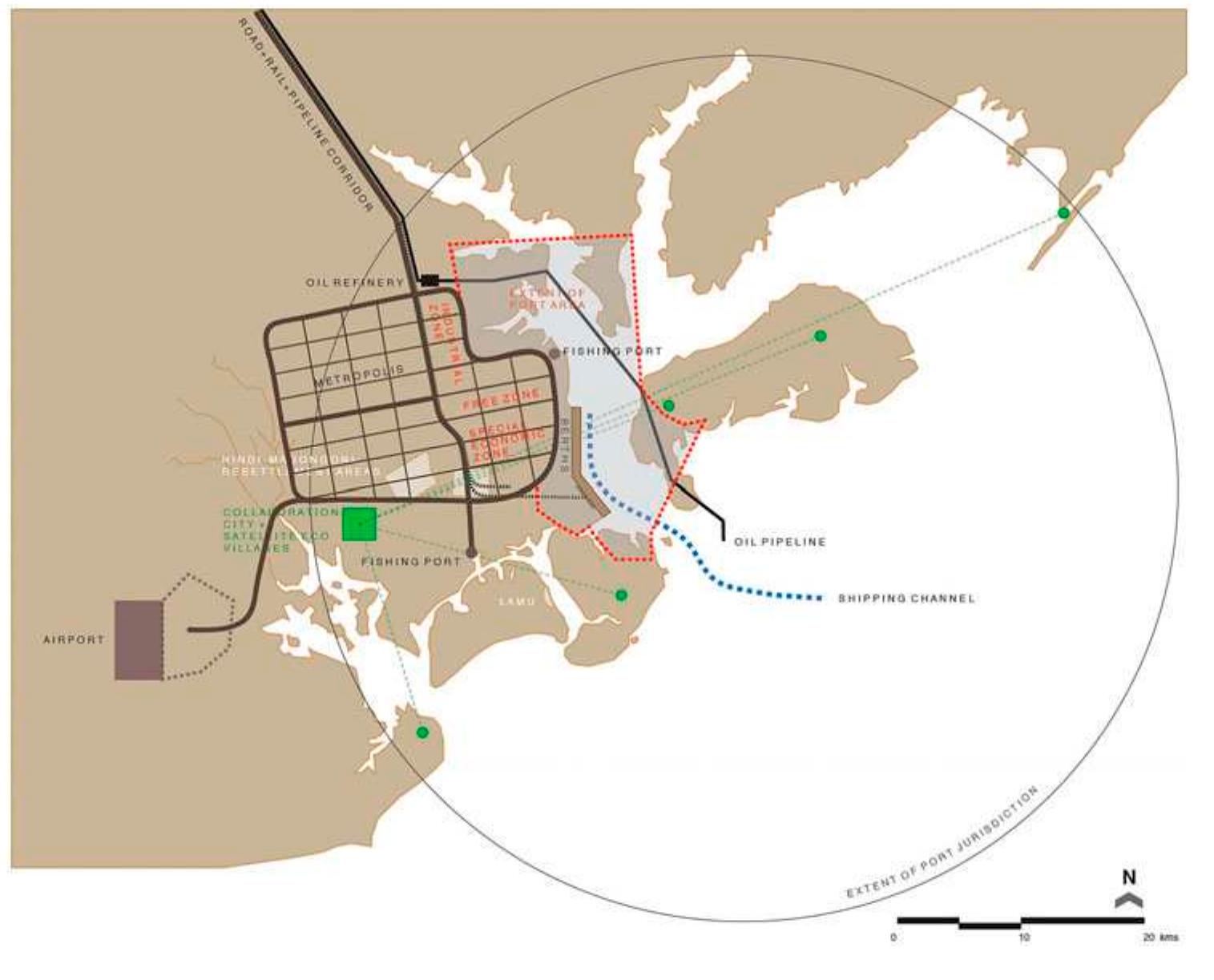 Zones are one of globalisation’s major, most ubiquitous technologies (Easterling 2008, 2009).* They are travelling formulae that make their appearance, not in the language of law, trade or diplomacy but in the language of architecture, infrastruc- ture and urbanism (Easterling 2008). The LAPSSET project is a language of bullet points, cost estimates, design standards, diagrams, economic predictions, tables and technical drawings. These foretell the banal vocabulary of auto-steering systems, berths, cables, computer systems, fences, gantries, road, rail and terminals that make up a modern global port facility, as well as the more glamorous architectures of its control towers and operational buildings. In the LAPSSET project feasibility study, four design options, all of which conform to glassy, global images of port authority architecture are provided for the control tower. The four-storied day-to-day opera- tions building, on the other hand, is designed as a regional pastiche of “covered verandas, balconies, arches, decorated parapet walls and plastered and painted wall finishes” (JPC & BAC/GKA JV 2011, 4.4-17). This combination of automatism, 