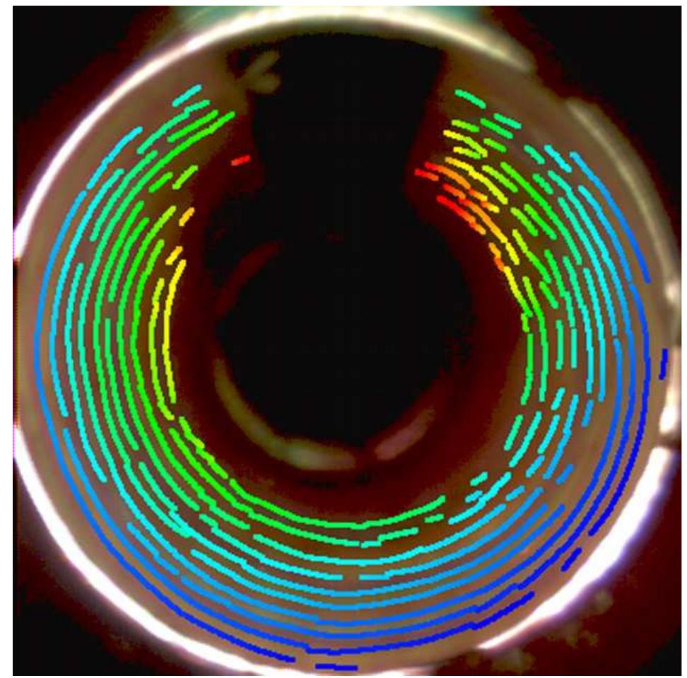 Fig. 12. Decoding result for the input image in Fig. 10 superimposed on the input image. Depth data can only be computed at the edges between two rings. The colors indicate the z-coordinate of the recovered points. The range in this example is 4 mm (blue) to 18 mm (red). (For interpretation of the references to colour in this figure legend, the reader is referred to the web version of this article.) 