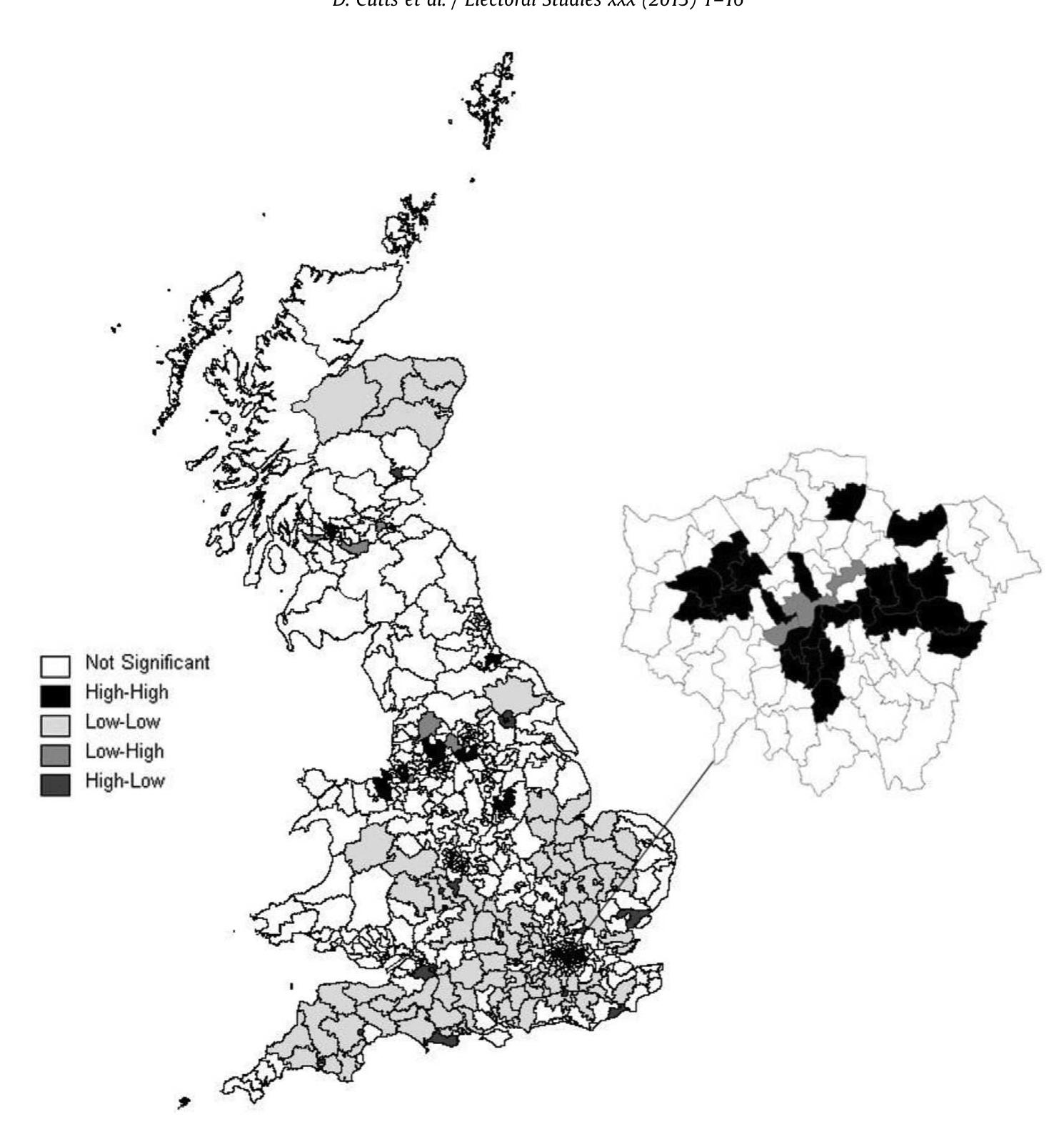 Fig. 9. LISA cluster map of Labour ‘short campaign’ spending. 