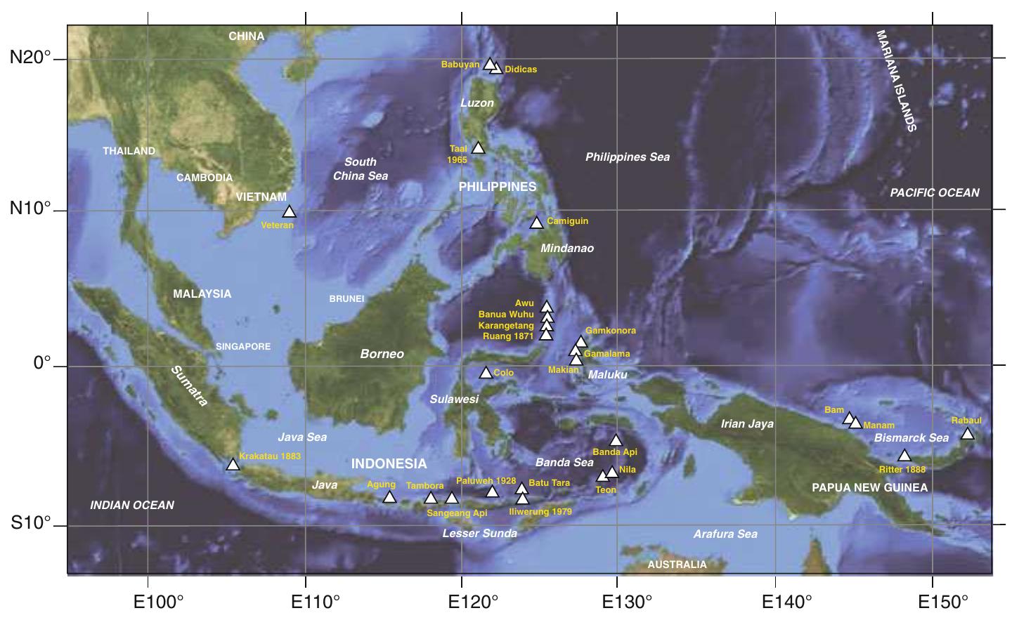 Fig. 2. Map of Southeast Asia, showing volcanoes mentioned in the text and years of most deadly volcanic tsunamis (>100 fatalities) 