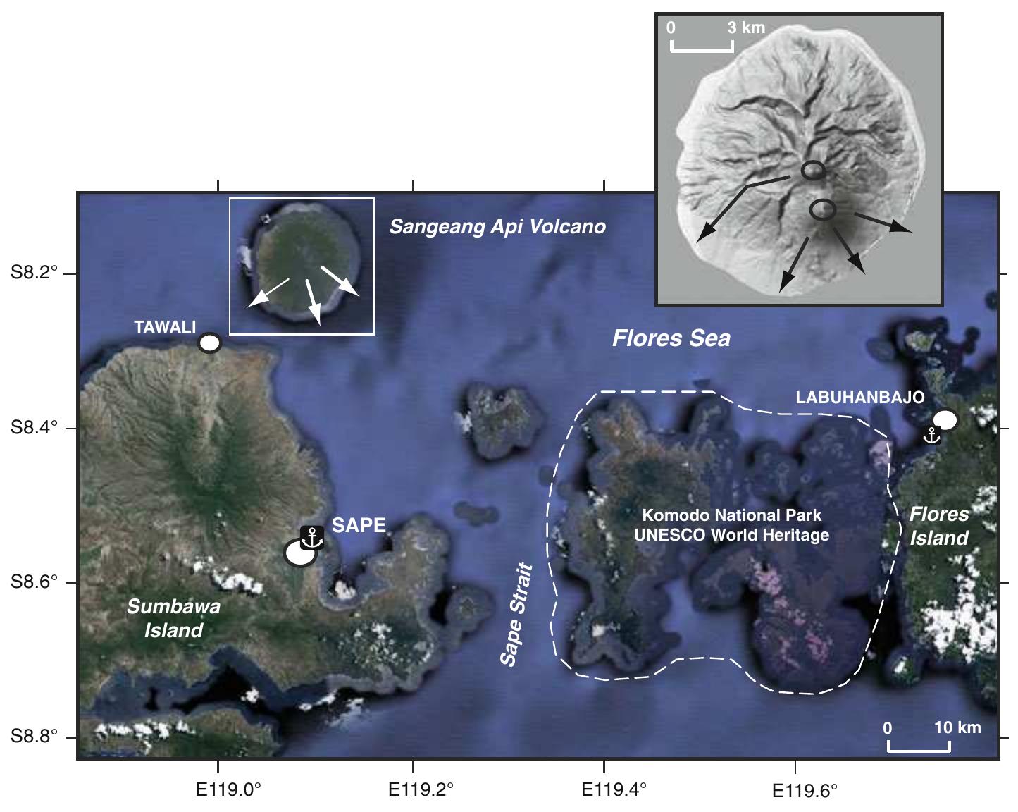 Fig. 4 Satellite image of Sape Strait, between Sumbawa and Flores islands, Lesser Sunda, Indonesia. Sangeang active volcano represents a threat for harbours of Sape and Labuhanbajo, as well as Komodo National Park, in the event of large pyroclastic flows or debris avalanche. Arrows indicate the main paths of historical pyroclastic flows, and black circles the two active vents, Doro Api and Doro Mantoi (sketch map with SRTM relief)  In the Philippines, a volcano of concern in terms of tsunami is Taal (Luzon). All historical eruptions of Taal volcano occurred on the 5-km-wide active island located at the centre of the caldera lake (Fig. 5). These eruptions are characterised by phreatic and phreatomag- matic explosions from small cones and tuff-rings, occasionally generating surges and pyroclastic flows to the lake (e.g. 1965, 1911, 1754 and 1749 VEI 4 eruptions). Eruptive centre of the 1716 was located offshore and tsunamis were probably generated by underwater explosions (Maso and Saderra 1904, 1911). The 1965 tsunamigenic eruption is well documented (Moore et al. 1966) and may serve as a type event for tsunami hazard assessment on the coasts of Taal caldera lake. In addition to explosions, lakeside landslides may also produce tsunamis (Ramos 2002). The volcano is permanently monitored by PHIVOLCS (Philippine Institute of Volcanology and Seismology) observatory in Talisay, located 10 km north of the island. A seiche hazard map was established on the basis of observations of the 1754, 1911 and 1965 eruptions (http://volcano.phivolcs.dost.gov.ph/ update_VMEPD/vmepd/vmepd/taalhazmaps.htm). The seiche inundation zone covers almost the entire lakeshore and extends up to 3 km inland in Balete (east shore) or Laurel (north-west shore). In such an enclosed basin, tsunamis are referred to as the initial wave 
