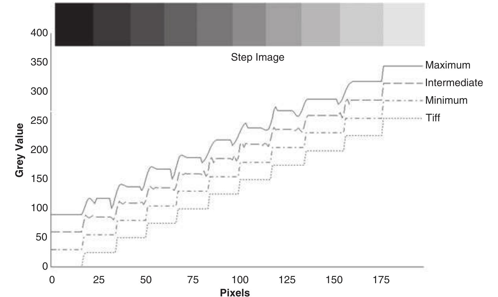 Figure 4. Grey values measured when plotting a transect across a grey scale step image with increasing values from left to right. Grey values start at 0 on the left of the series of steps and increase in steps of 25 to reach values of 250 on the right. Plotted on the graph are the values measured for images of the steps as an uncompressed TIFF file, and JPEGs with ‘minimum’ (10%), ‘intermediate’ (50%), and ‘maximum’ (90%) levels of compression. Values of 30, 60, and 90 have been added to the JPEG files with minimum, intermediate and maximum levels of compression to separate the lines vertically. Note that, as the level of compression increases, the data measured are more severely disrupted, particularly at the boundary between changes in intensity. In the case of complex patterns, the disruption to the image structure means that measurements at any point in the image will be error prone. 