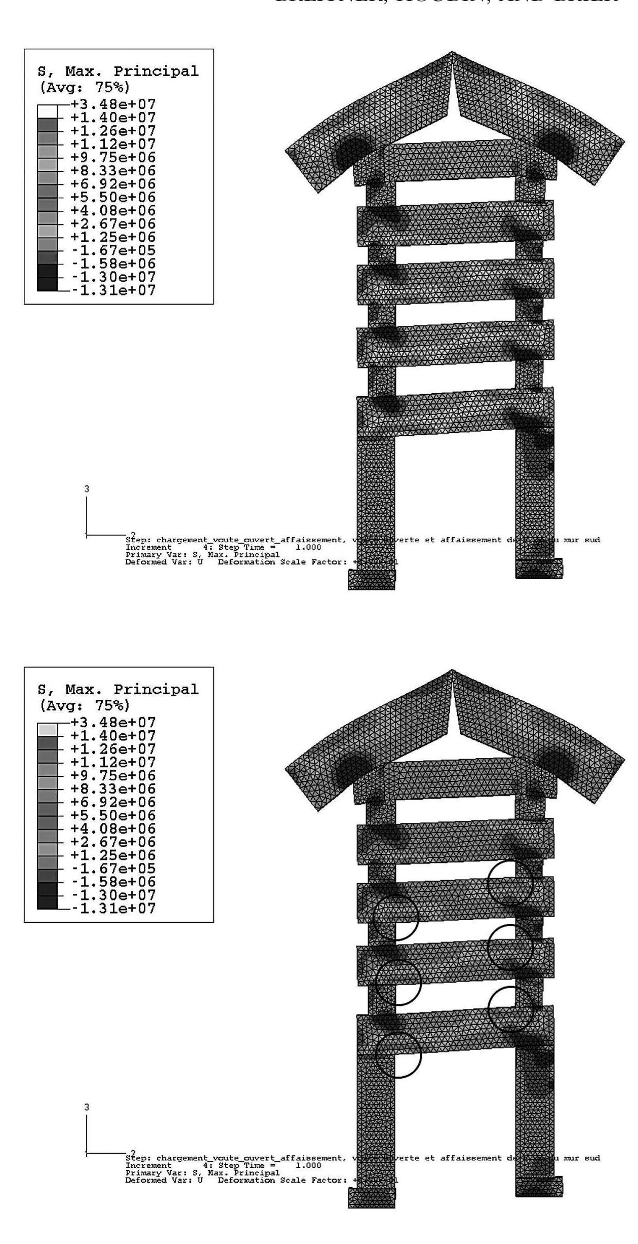 Fig. 6. Complete model: Gravity + loading on rafters + slippage of rafters + south wall subsidence (6mm) 