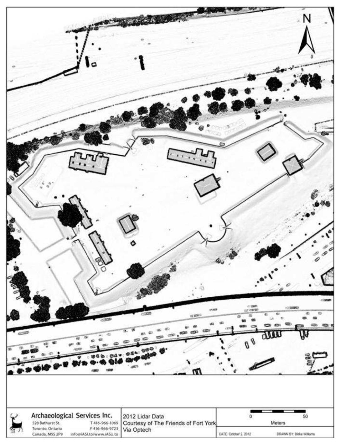 Figure 8: LiDAR Survey Results of Fort Y ork.  Figure 8: LIDAR survey Results of Fort Y ork. VislUle Ol We sulLdle, d YOUVHYsiCdl survey covering the documented area of the Government House was commissioned. Ground Penetrating Radar (GPR) was used because  it was determined that the archaeological features identified in previous excavations were most likely detectable using this technique. Although other geophysical survey techniques, such as electrical resistivity which had previously been carried out within the fort by Claus Breede in the 1970s, are applicable, GPR was used because of its speed, accuracy and depth penetration capabilities.  This LIDAR survey was commissioned from Optech by The Friends of Fort Y ork Foundation. The data recovered from that survey and thus presented here was from a downward-looking, aircraft-mounted LIDAR. While the tremendous utility of this technique for archaeology has been proven around the world, this source of data did not provide any details on the location of historic buildings inside the fort. Instead, the LIDAR mapping shows a remarkably featureless, flat landscape within the walls of Fort Y ork (Figure 8).  
