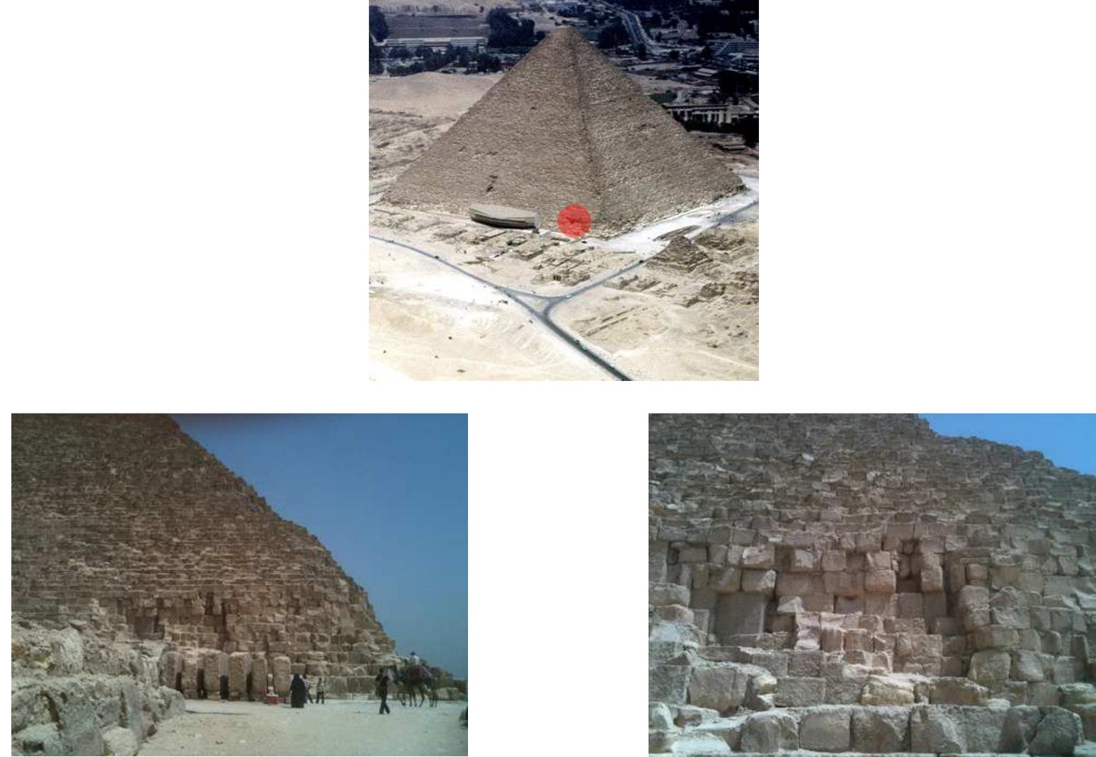 The anomaly appears to have been filled in with blocks that look different from the surrounding masonry. This is what we would expect to see if an opening had been later walled-off.  The anomaly is also in alignment with the path coming from the base of the Plateau and port, which also situates it where we would expect to find the entrance to the internal ramp.  This anomaly at the base of the south face is exactly at the perpendicular of the first “Bob’s room” under the northeastern edge. The first section of the ramp is parallel to the East face. This means that the inset of the anomaly from the Southeast corner places it where we would expect to see the entrance to the first section of the internal ramp and would align the trajectory of the ramp to end where a “Bob’s room” would be at the Northeast corner. 
