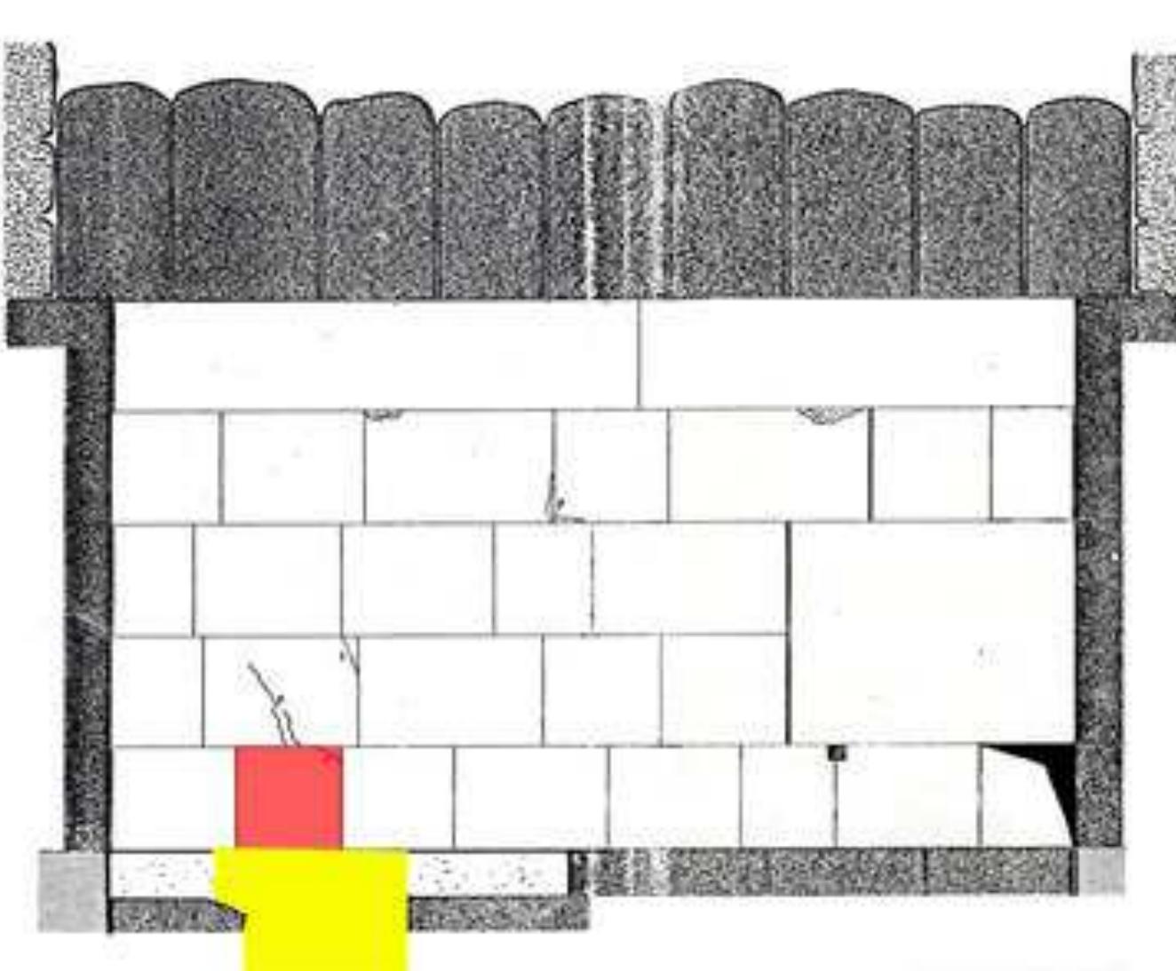 Al-Mamoun’s men dug a deep hole in the floor of the King’s Chamber (in yellow at the base of the wall) exactly vertical to the second entrance block (in red). What drew the treasure hunters to this particular soot? They must have perceived some anomaly that suggested that there was something there to be found. 