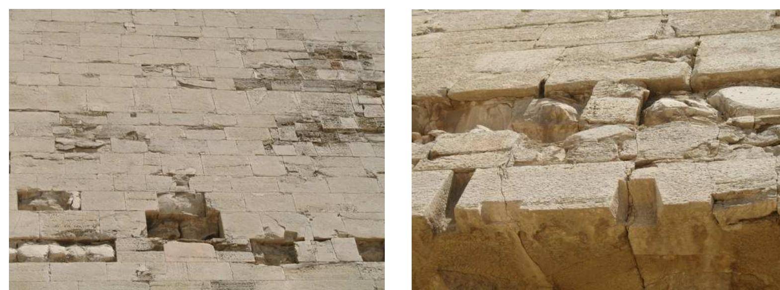Many patches on the facing blocks, some of these could not have been inserted after the setting in place of the blocks in the row above them.  During the construction of smooth-sided pyramids, the facing blocks were set in place first, layer after layer, having already been cut and polished at the quarry; the pyramid was completed while being raised. 