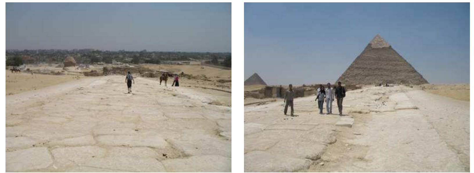 Centered at half-way of the ramp and for about 250m, there is a slight depression beneath the south part of the causeway. This section had to be filled with huge limestone blocks. The causeway had to be “built” for this precise area.  Left, a view towards the Lower Temple. Right, a view towards Khafre’s pyramid. The width of the causeway can clearly be determined for the whole area: the main central lane, slightly thicker, is 19 to 20 cubits wide, and both side lanes, North and South, are 13 cubits wide each. The total width comes for 45 to 46 cubits (23.50m to 24m), which is twice the width of Khufu’s causeway. 