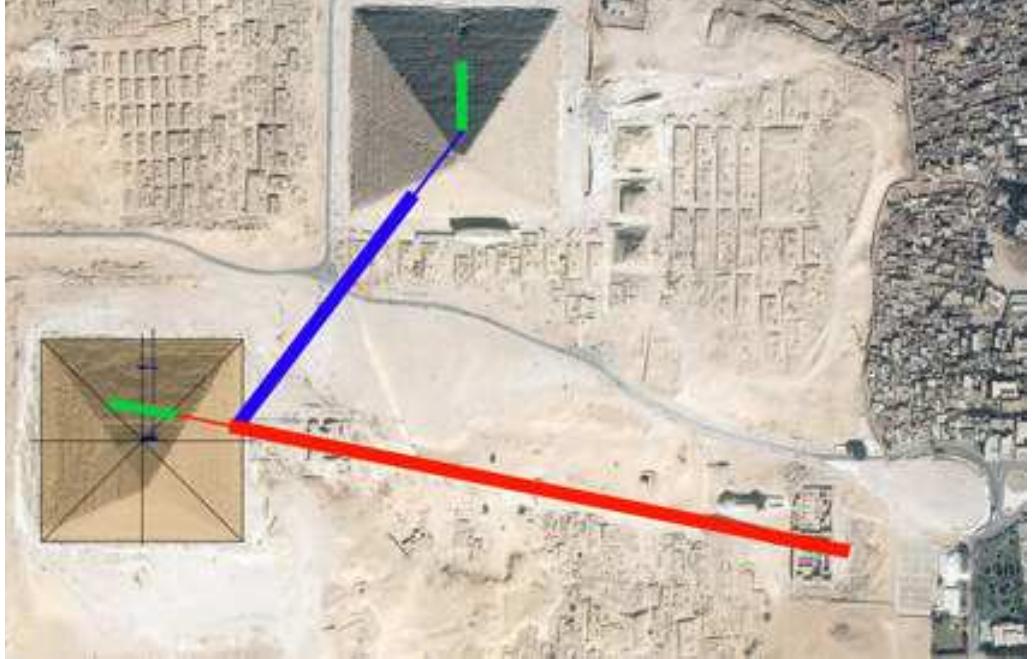 The ramp from the port (in red) meets up with the exterior ramp of Khufu’s pyramid (in blue). The counterweights were in continuation of the ramps (in green) 