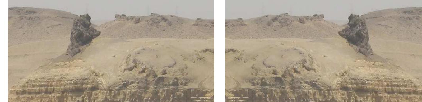 Left, view of the Sphinx from the road leading to the South face of the pyramid of Khufu; in the background we can see the “Hill of Crows” (Heit el-Gurob) that overlooks the wadi. Zooming in on this hill, several outcrops come out of it, one of which is particularly interesting. 