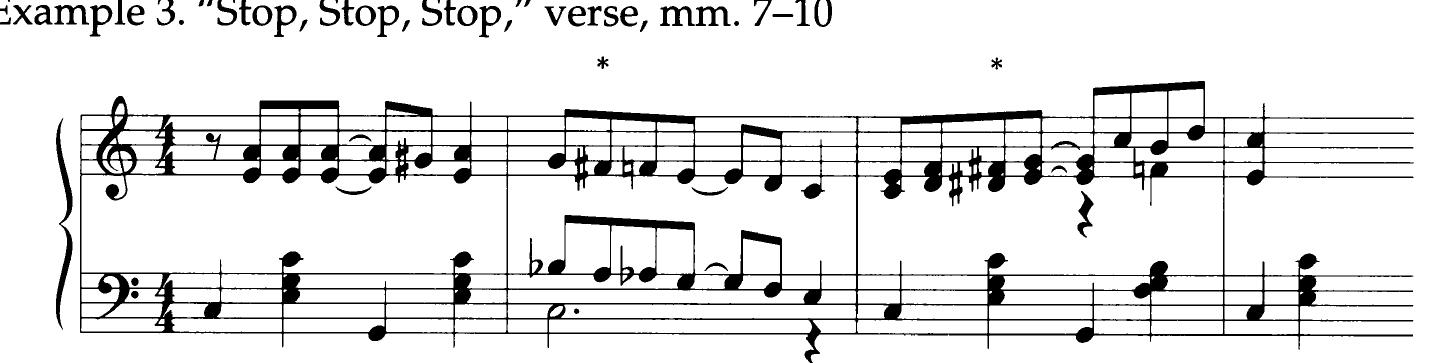 Some diverse applications of chromatic passing tones may be illustrated with two four-bar phrases from “Top Hat, White Tie and Tails” (1935; each phrase is subsequently repeated in the song). In the G-major verse, the melody rises chro- matically from 5 to 3, with a return to §—an internal pedal point—in between each note of ascent (Example 4a). The bass ascends along with the melody in parallel sixths (assuming enharmonic equivalence) as the harmony progresses I . . . V-I. In contrast, within the C-major refrain, the bridge tonicizes E (3) and features a semi- tonal descent from E5 to G#4, with a downward consonant skip every third note (Example 4b). More precisely, the line is based on a three-note motive exactly repli- cated in successively descending forms. The motive itself consists of the descend- ing pattern <—1,-4>, as measured in semitones. The initial notes, of its successive forms, effect a stepwise descent through a segment of the E-minor scale (E-D-C-B-A), against which the harmony provides a standard progression in E minor (I(3)—II9’-V7I8). The harmonic and melodic layers are somewhat indepen- dent (the melody forms dissonances against the lower chord tones more often than not), and the change to E major at the end is surely prompted by the Gt that com- pleted the last motivic cell. After the phrase is repeated, another chromatic descent (Gi-Ft-Fi-E) leads into the song’s final C-major section.  Chromatic passing tones. Berlin often fills diatonic whole steps with chro- matic passing tones. Naturally, some of the resulting melodic patterns lend them- selves to stock harmonizations. For example, when chromatic passing tones ascend, they may suggest secondary leading tones, and accordingly may be har- monized with applied V” or VII°” chords. Another possibility arises with the ascending pattern 2-#2-3, which may be harmonized V>“5-I. Certain descending chromatic lines also suggest conventional tonal harmonizations: e.g., 5-4-4-3 sug- gests I-V”)/V-V7-I, and 6-6-5 suggests IV33-I. Harmonic connotations aside, however, chromatic passing tones are melodic in origin, and Berlin utilizes them in a variety of ways. Indeed, they frequently appear on submetrical levels without individual harmonization, although sometimes they are enriched by parallel thirds or sixths. Berlin’s early “ragtime songs” often feature this type of chromaticism, exemplified by passing tones that traverse a third within an underlying major triad or dominant-seventh chord; Example 3 illustrates with an excerpt from “Stop, Stop, Stop (Come Over and Love Me Some More)” (1910). Chromatic passing tones also appear in less-immediate forms, perhaps separated by other embellishing notes, or as components of compound (polylinear) melodies. 