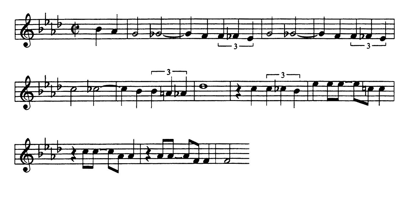 FIGURE 14. “The Last Dance”: refrain melody, mm. 1-12  his favorite song written by his partner. Figure 14 shows the beginning of its refrain melody. Chromatic descent is characteristic of the first eight bars (and corresponding later passages), and especially notable is the semitonal lowering of the half notes: these are fitted with the title words, “last dance,” in mm. 1 and 3, and their initial-letter analogues, “lights down,” in m. 5. Cahn’s use of “flat” as a verb is well taken, at least in the case of this song, for he revealed that here Van Heusen’s trademark “flatted notes” were added later—alterations to  what literally began diatonically: 