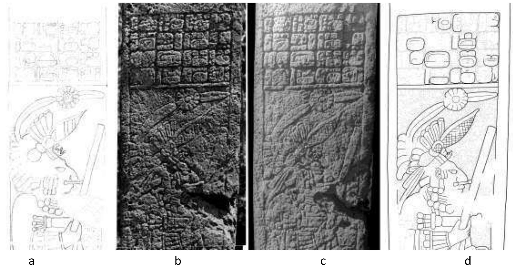Figure 1. Maya epigraphy workflow: a) field sketch, b-c) photographs, d) inking 