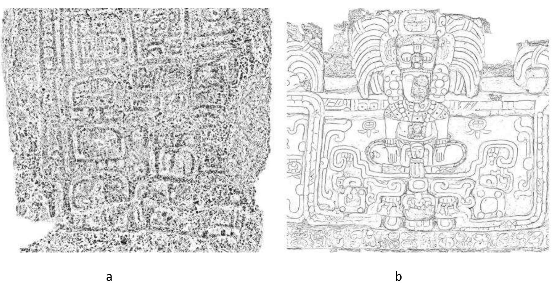 Figure 12. Extreme feature enhancement with radiance scaling: a) unsuccessful enhancement due to high surface erosion (Sufricaya Stela 5); b) successful enhancement (Holmul Group II Building A-sub) 