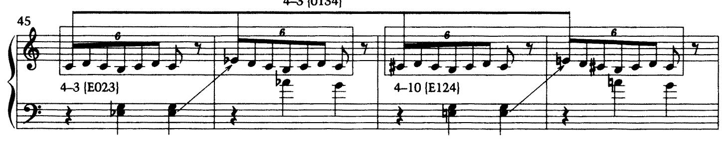 c. Inflected repetition preserves tone-semitone succession; large-scale octatonic tetrachord is projected 