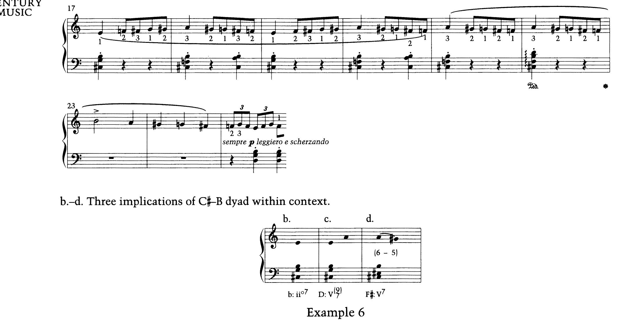 Indeed, this is another facet of the work’s Mehrdeutigkeit; Weber recognized that some- times a nonchord tone may be presented in a manner that implies a “real” chord tone—that sometimes a listener is unsure whether a note “belongs” to a harmony or embellishes it. Con- sider the voice second from the lowest—the one that lies between the C} and B (henceforth called the “tenor”): it begins on and then circles about G, using the whole-step neighbors on either side (returning to G the second time only on m. 25). Concurrently, the highest voice (the “soprano”) repeatedly traverses a semitonal path between E and A. Taking the tenor G and soprano E to complete the “actual” chord, we have a C# half-diminished-seventh chord; this chord, clearly projected as the downbeat simul- taneity of mm. 17 and 19, suggests ii°7 of B minor (ex. 6b). Of course, the chord may also serve as vii°? of D, and this key orientation is also reasonable, especially when one recalls the bounding notes, E and A, of the soprano lines. As shown in ex. 6c, these notes plus the lower- register tritone (C# and G) suggest V7 of D— perhaps D minor, due to the left-hand Fk. Recall  too the implication or the prior mm. 14 and LO as IVM7 of D, which perhaps reinforces this choice of key center. Still, returning to Weber’s idea that the “true” chord tones can them- selves be ambiguous, we consider mm. 20-22. Before, the tenor F was interpreted as a lower neighbor to G; but here the voice hovers on F for three successive measure-downbeats. Tak- ing this F as the “real” chord tone—that is, interpreting it as E+ will suggest V7 of F#. In this view, the soprano’s A—G#, which is now repeated at the start of each of these measures, suggests an appoggiatura on Gt, the fifth of C#7 (ex. 6d). This tonal orientation also has prior support, given the potential B-E# interpretation of intro. All aspects considered, though, it re- mains uncertain which of the competing three key orientations—D, B, or F#—is the most rea- sonable. Confirmation is not forthcoming in mm. 23-25, in which the ambiguous B-F tritone is stripped of other harmonic indicators and filled with passing tones. This cleansing of the harmonic palate prepares for ensuing repeti- tions of earlier sections.  Wk Fics peers pies core eee erage ge ore a oe 