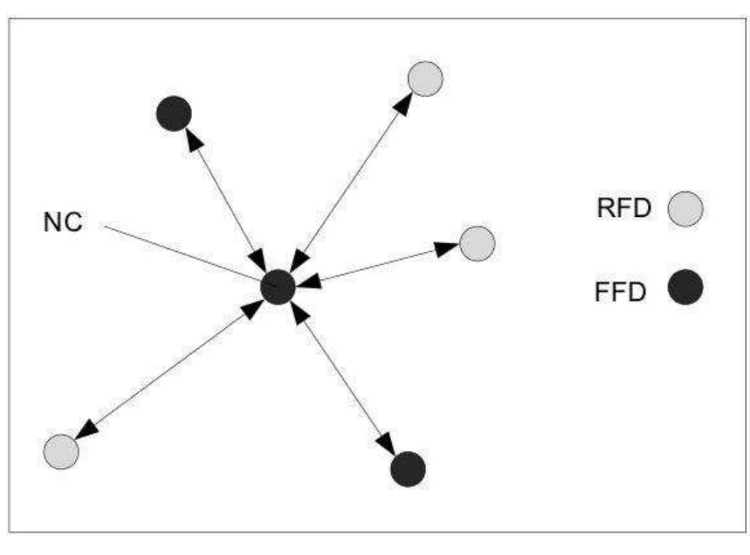 In star topology devices could be FFD or RFD. They function as terminal devices and communicate directly with  CN [5]. 