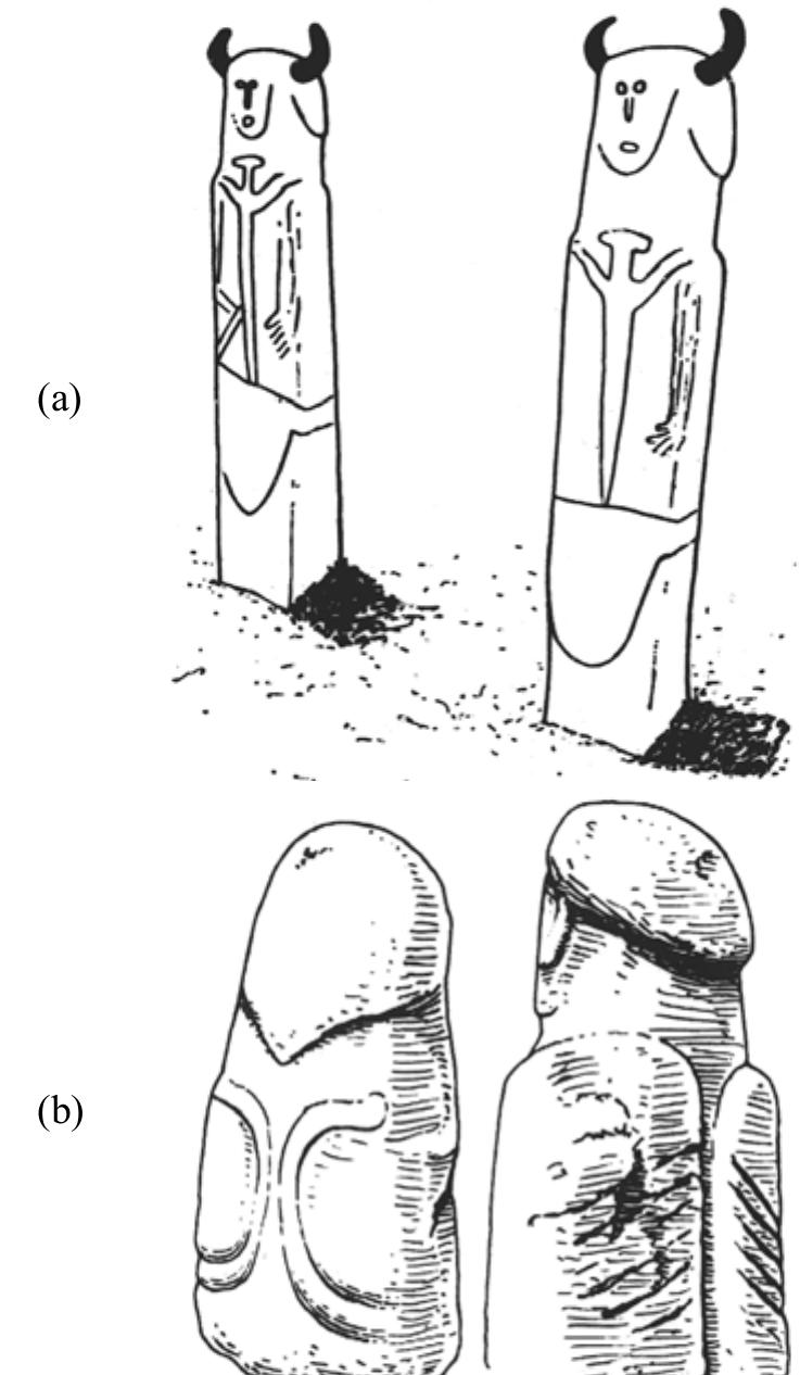bons;°°° and (3) the long sword (see Fig. 23).°°/  Fig. 23. Statue-menhirs from Corsica: (a) Cauria (with horns re- constructed on the helmets), (b) Scalsa Murta (from Grosjean  1966b, Fig. 5; Sandars 1980: 99, afb. 60). 