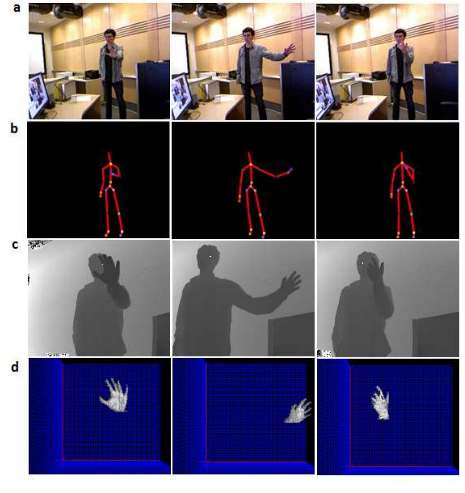 Figure 9: Hand segmentation of various hand poses: (a) Color stream data; (b) Skeletal represen- tation; (c) TOF depth map; (d) segmented hand. 