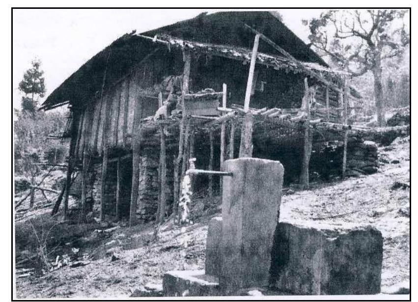 Figure 1: A typical Bhutanese rural dwelling house with livestock place under the house 