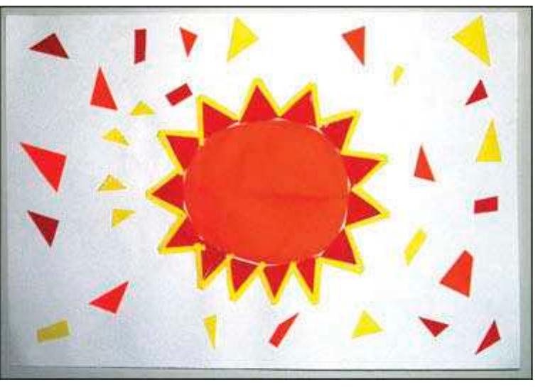 Figure 2. Excitement: a composition of orange, red, and yellow triangles and rectangles surround- ing a large circular form girded with uniform red triangles and edged with yellow lines. 