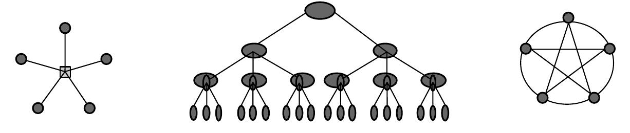 ‘igure 1.3. Typical topologies of networks: star, hierarchy and mesh 