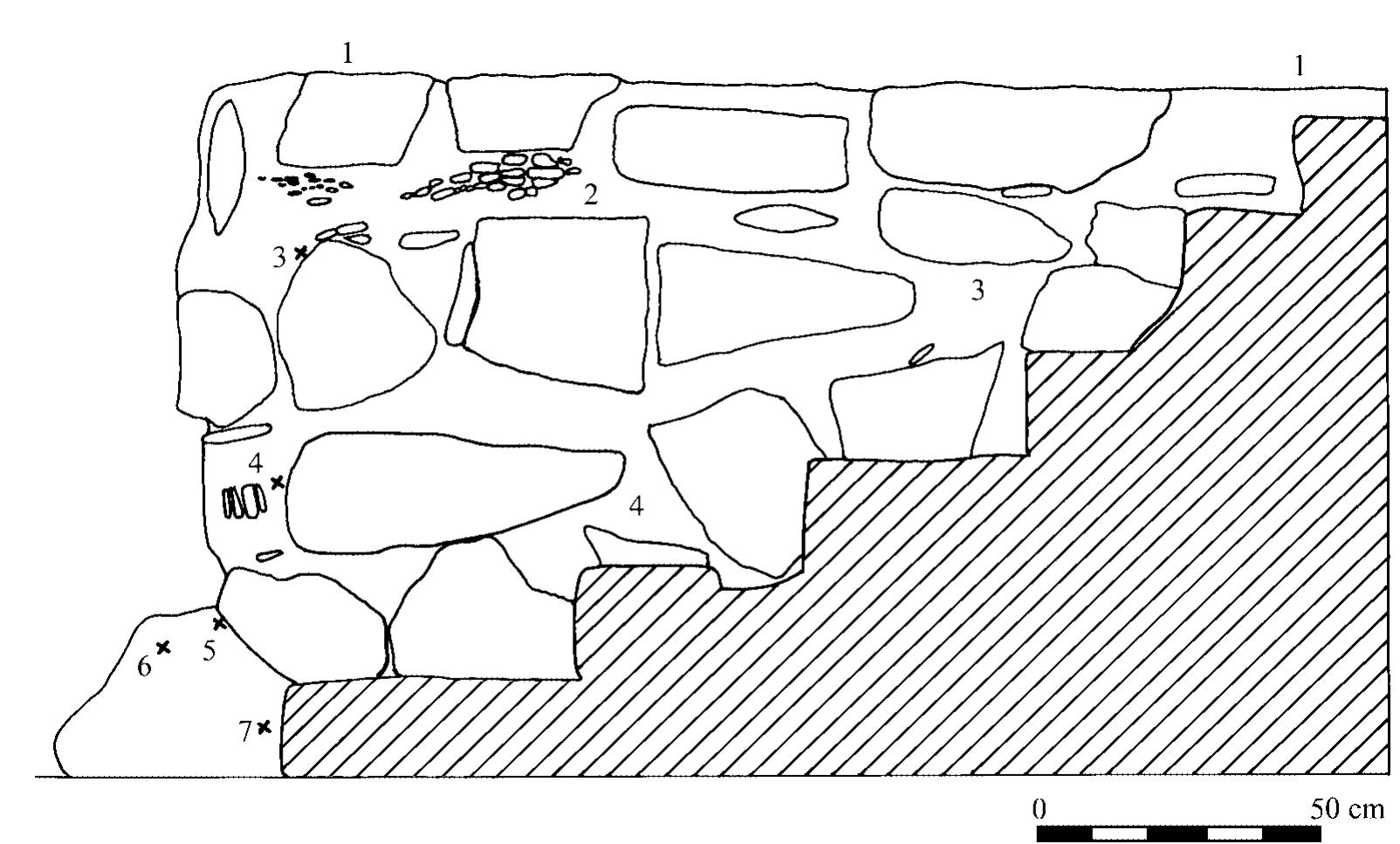 Fig. 6. South profile of the stairway leading to the battlements and western bastion. (Drawn by D. Donnelly)