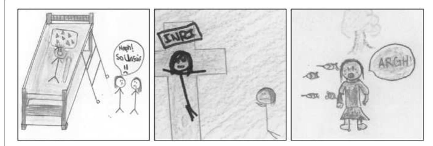 instance, in Frame 4 (Figure 4), two stick figures with spiky hair lie on the top beds of two sets of bunk beds, while two stick figures with longer hair stand together in between them. The two spiky-haired figures display broad u-shaped grins, and the figures in the middle frown in seeming disappointment. Other resources are available to the viewer to help disambiguate the scene, but one would hardly need to read the speech bubble exclaiming “Hmph! So unfair,” for example, to glean a sense of dispar- ity and dissatisfaction. (Again, interactions among modes are discussed at the conclu- sion of this Analysis section.) Likewise, in Frame 16 a longhaired stick figure, identical to the disgruntled figures in Frame 4, kneels before a crucifix in a gesture of prayer. Apart from the image of Christ on the cross, this is the only figure in the piece that is depicted with a straight horizontal line for a mouth. All other figures in the piece are depicted as smiling, frowning, or “shocked,” that is, agape, with a circular “open” mouth. By contrast, the horizontal line in Frame 16 would seem to suggest a neutral position; a serious, respectful solemnity, perhaps.  