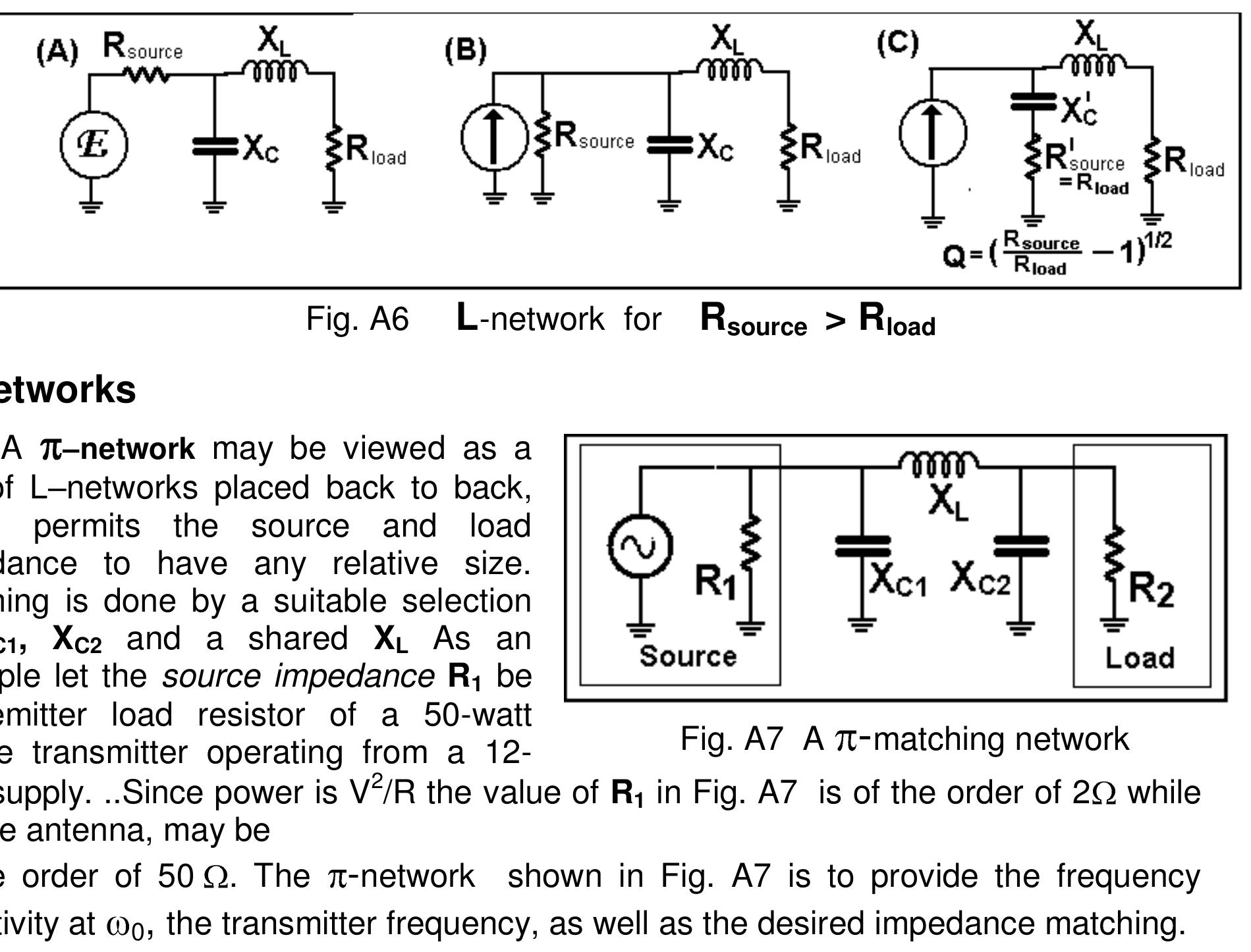 In the above example the load is greater than the source impedance. If it had been less, A13 would be impossible for Q must be a real number. The solution is to work the L— network in the reverse direction (and use Norton’s theorem to replace a voltage source with series impedance with a current source with shunt impedance). Notice how Xc is placed next to the resistance we wish to modify, in this case Resource . rather than  Rioaa All the above equations still hold for this case. 
