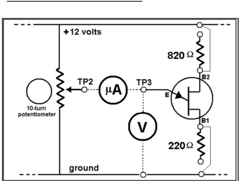 1: Isolate the UJT (no connections at TP3, the 820Q or 2200 resistors). With an ohmmeter measure in inter-base resistance between B1 and B2, Reipe . Is this resistance the same if measured in either direction?  Fig. 3 Circuit for real UJT characteristics 