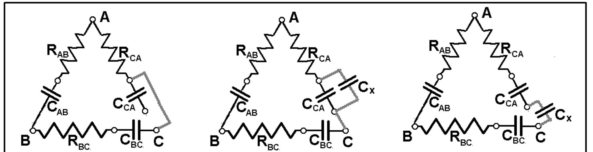 The three branches of the model Delta load are approximately equal. The diagram below suggests three possible methods for changing the capacitance of the CA branch. 