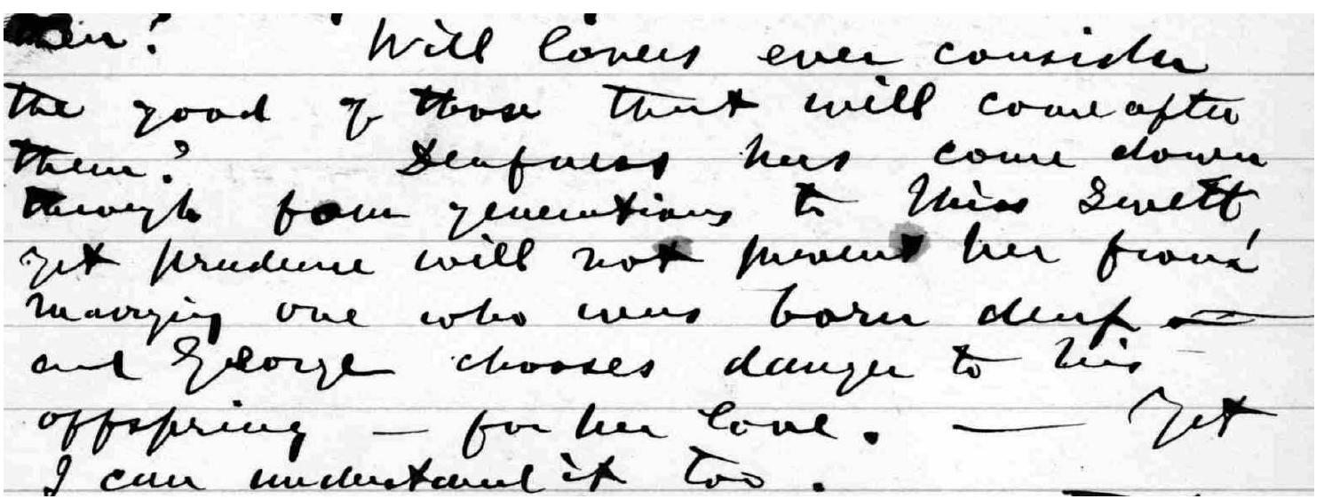 Figure 4. Section of letter from Alexander Graham Bell to Mabel Bell, wherein Bell shares his concern over the marriage of Sanders and Swett. 