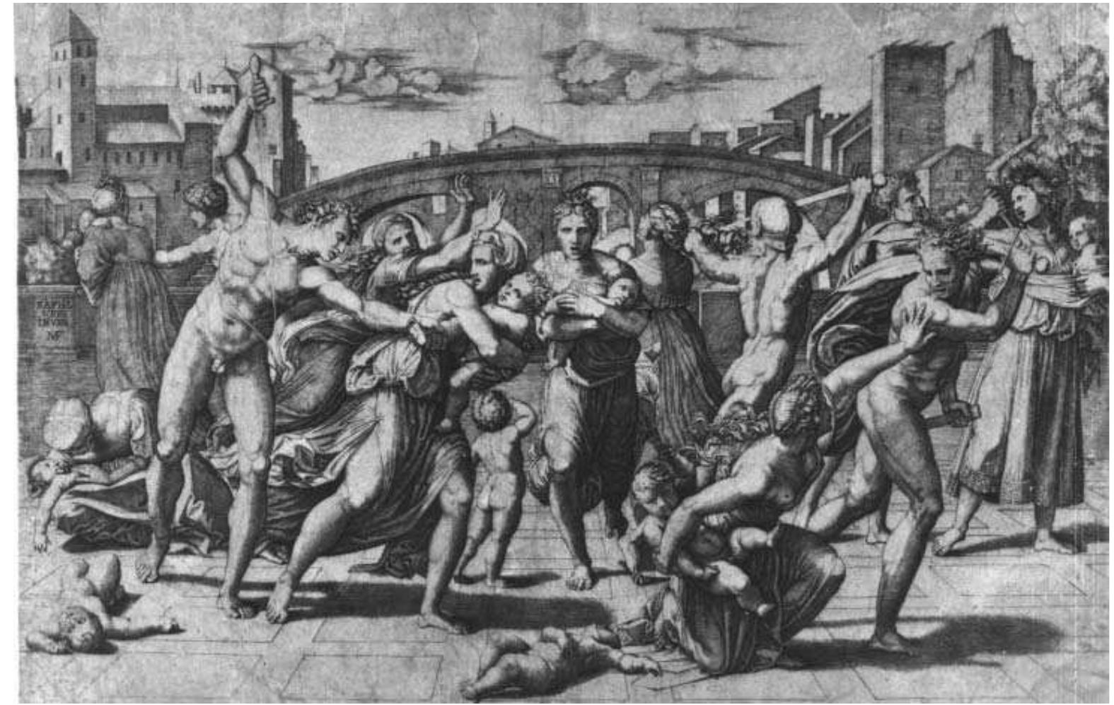 Fig. 11. Marcantonio Raimondi, The Massacre of the Innocents, engraving National Museum, Warsaw  Waldemar Deluga  ther reproductions include wall-paintings from the monasteries Koutloumousiou (1540), Dionysiou (1547), Diochiariou (1568), as well as the Varlaam convent in Meteora (1648). This way, the composition was added to the canon of post-Byzantine painting, and its sub- sequent description in Hermeneia sanctioned its position in a way. An example is a wall- painting from the Orthodox Church in Hopovo, Serbia (1608). Held in the collection of the Benaki Museum in Athens is a sketchbook leaf with a drawing copied from Raimondi’s engraving.?® It is worth mentioning that the model of Raimondi’s scene appears in icon painting: the examples include an icon attributed to Marco Vatas and a work by George Klotzas from the collection of the Greek Museum in Venice. 37  Theofanis utilized other prints by Raimondi. Often he would only select fragments for 