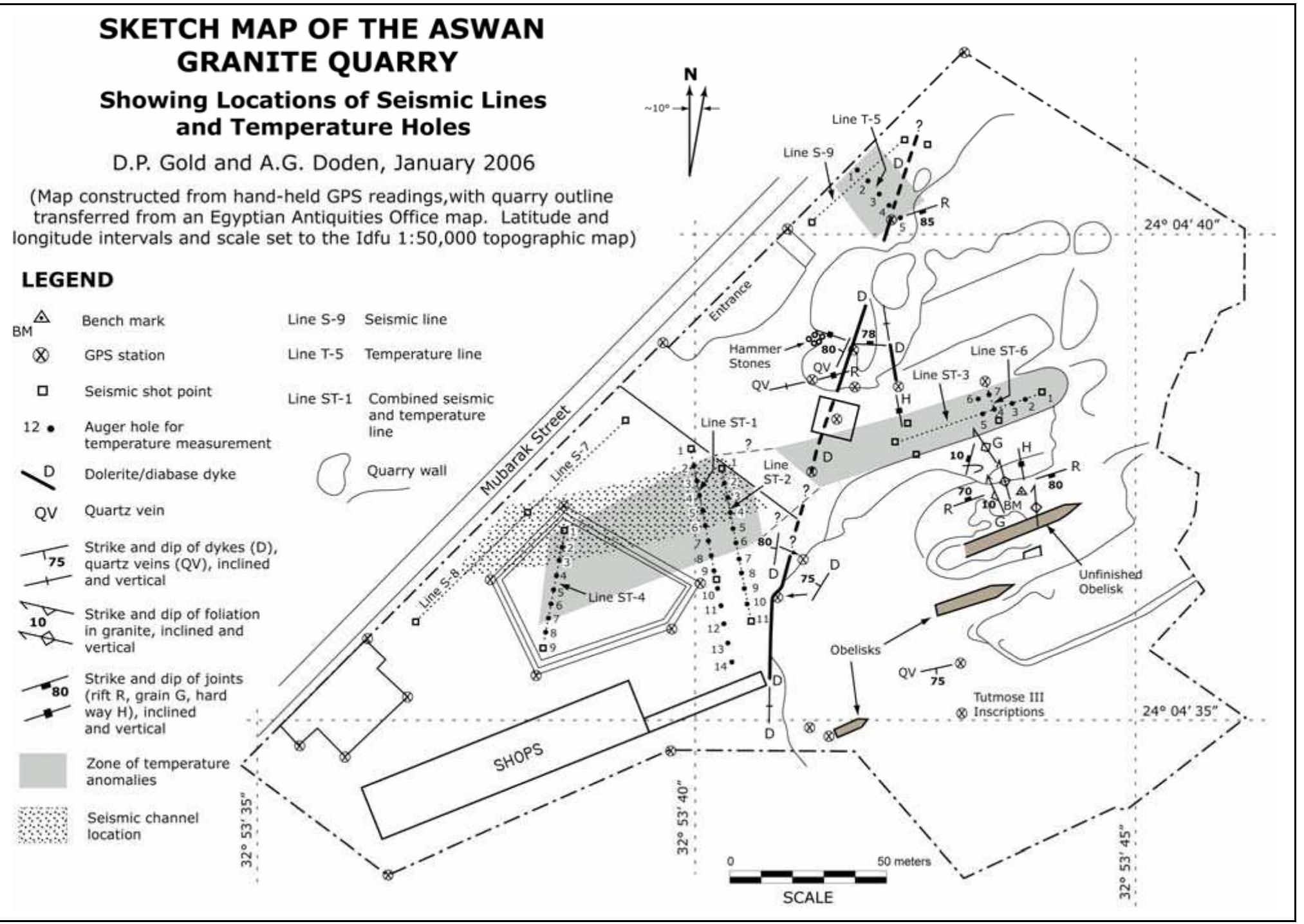 Fig. 6. Site map, Aswan Unfinished Obelisk Quarry, locations of shallow soil temperature access holes, seismic reflection and refraction survey lines, cultural features and extension of “canal” based upon geophysical surveys. All temperature survey lines are designated by prefix T; seismic lines by prefix S. The prefix ST- means same line used for both surveys. 