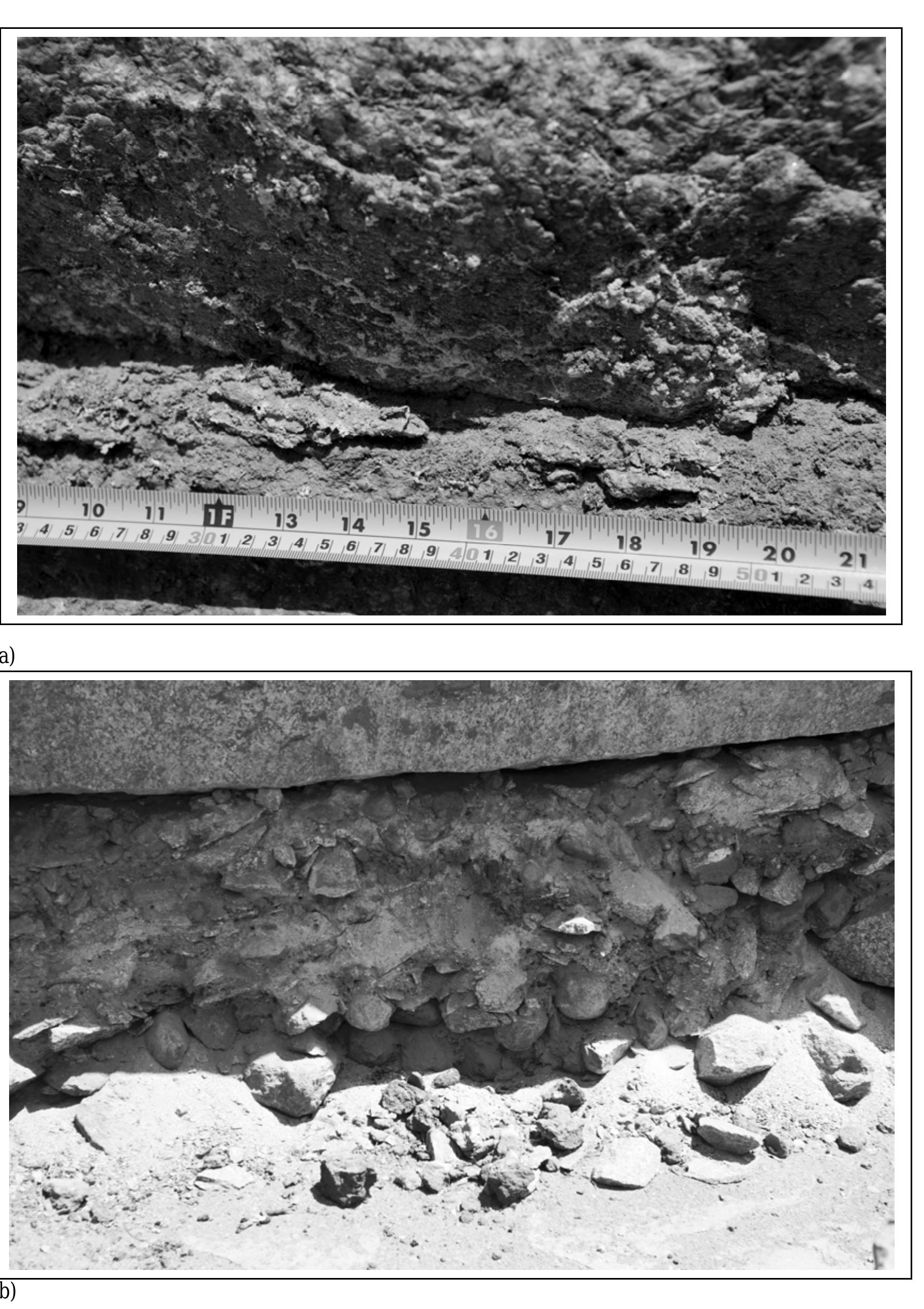 Fig. 15 a. Salt deposits on the granite work surface immediately adjacent to the backfilled “canal”, and (b) within working deposits, May 2006. (Photographs by K.A. Parizek, May, 2006). 