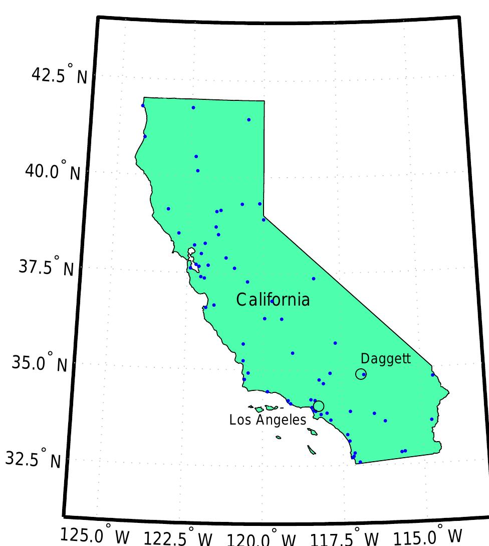 5.1 Data description  Figure 5.1: Overview of the high-quality meteorological stations (blue markers), available in California, in the National Solar Radiation Database. 