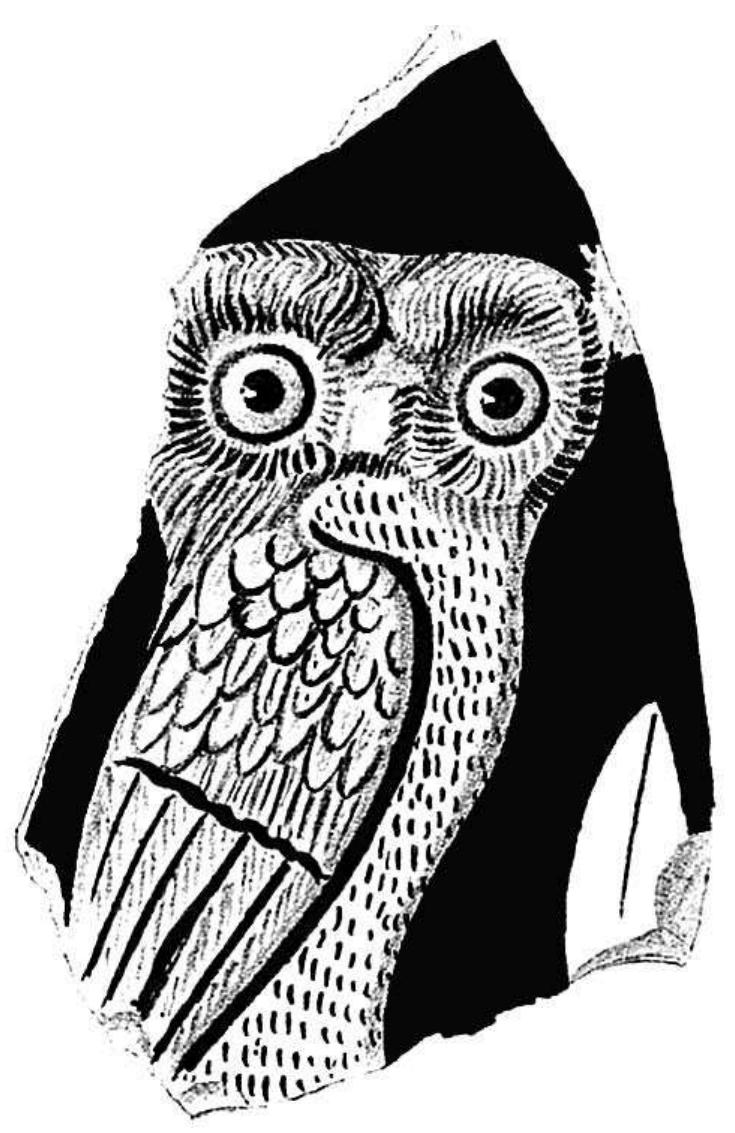 Fig. 7. Red-figure skyphos fragment with an owl in poly- chrome relief. Eleusis, Eleusis Museum (Philios 1885, pl. 9, no. 11). 