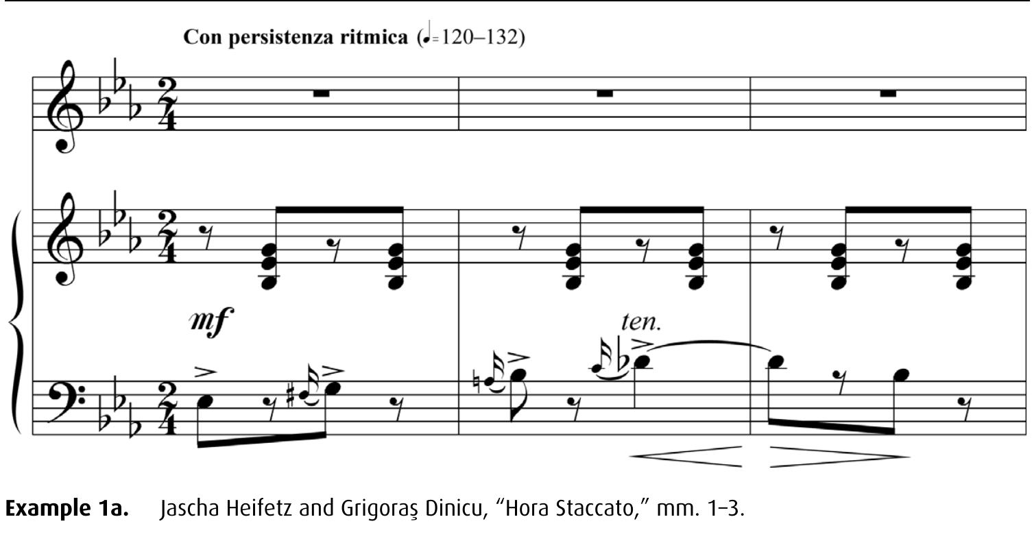 Heifetz’s arrangement of “Hora Staccato” is in the 2/4 time signature of many Romanian horas, with a generally consistent “oom-pah” pattern of alternating eighth notes between the left and right hands in the piano part accompanying the violin line. The main focus of the solo part, and the feature that gives the work the other half of its name, are the recurring passages of slurred staccato sixteenth notes, written to be performed at a fast pace with long down-bows and up-bows. This is difficult to play crisply and precisely, especially on the down-bow, but Heifetz could execute this virtuosic technique masterfully, and no doubt chose to arrange Dinicu’s melody in part to provide himself the opportunity to show off his skill. The structure of the work is characteristically simple and highly repetitive, divided into the following sections: A (mm. 1-24); A’ (mm. 24-44); B (mm. 44-88); B’ (mm. 88-130); A” (mm. 130-50). There are frequent passages of pedal tones, and the majority of the piece is in E-flat major, with only one brief modulation to A-flat major, beginning when the tonic chord with added flat 7th scale degree, which first appears in m. 92, takes on the role of the dominant V’ of A-flat major, resolving in m. 101. The tonality begins to shift back to the original tonic in m. 111.  Harmonic irregularities and the evocation of foreign modality are produced by 