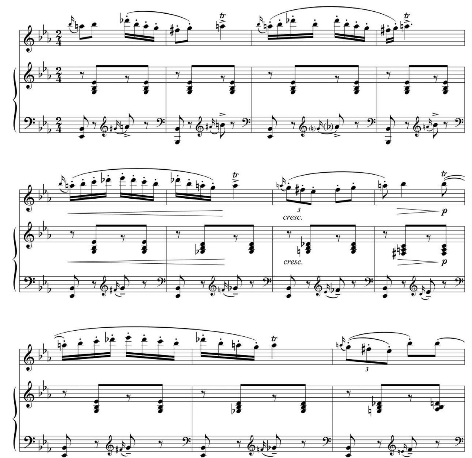 Example 2. _Jascha Heifetz and Grigoras Dinicu, “Hora Staccato,” mm. 119-29. 