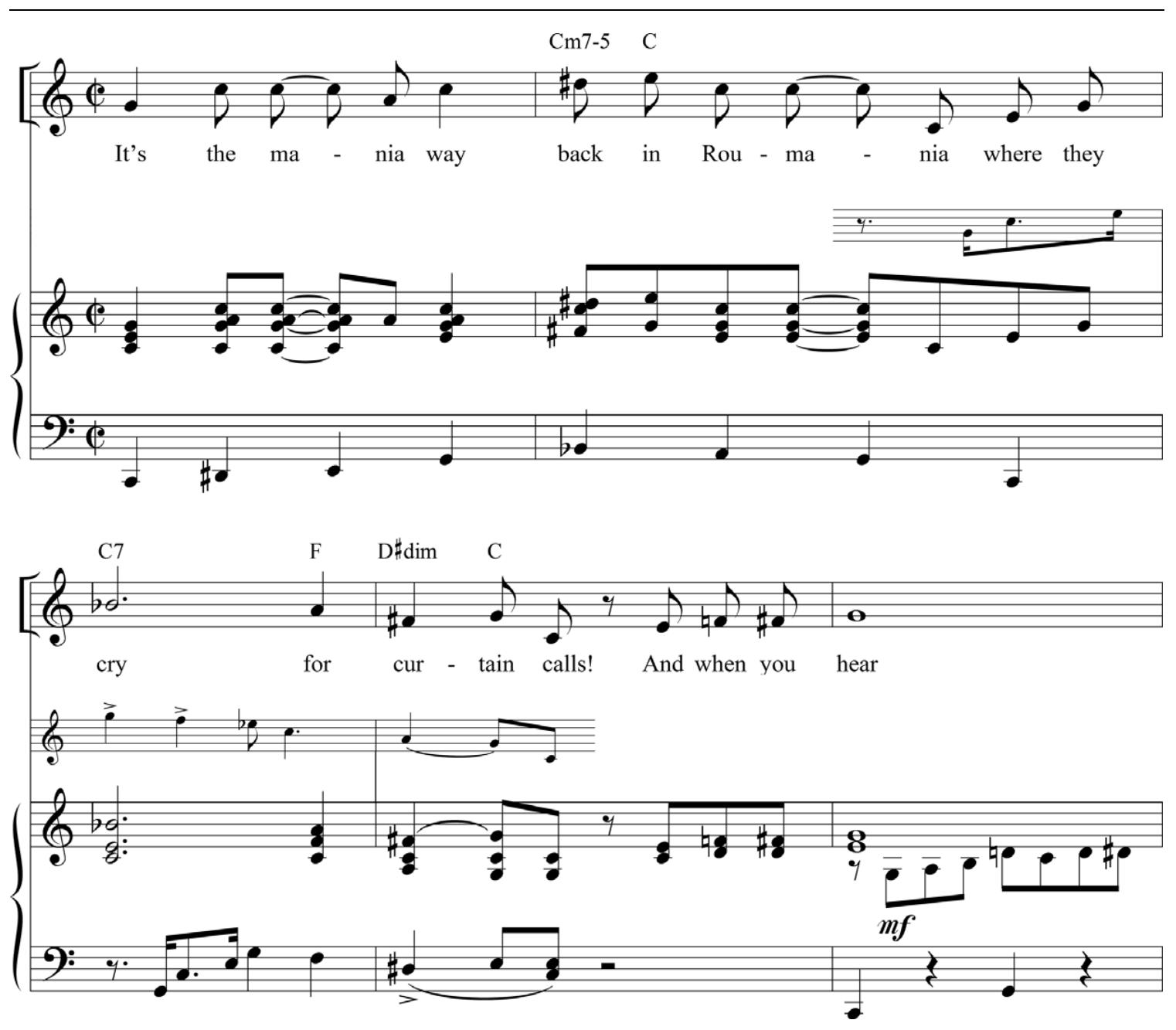 Example 4. Jim Hoyl and Marjorie Goetschius, “Hora Swing-cato,” excerpt of bridge.  Eastern European music, in performance through the display of virtuosity asso- ciated with Romany music making, and in print through its tale of origins as a composition borne of a personal cross-cultural encounter between musicians trained in Western classical and Romany popular idioms. As swing became popular and Heifetz and many of his listeners grew increasingly deracinated from European cultural origins in the United States, Heifetz’s adoptive home, the adaptation of “Hora Staccato” to swing instruments and tropes perhaps seemed a logical course of development.*° The successive versions of “Hora Staccato” show the evidence of increasingly hybridizing, fractured musical perspectives, as these renditions of the work gesture towards the nostalgia or exoticism associated with its Romany origins, 