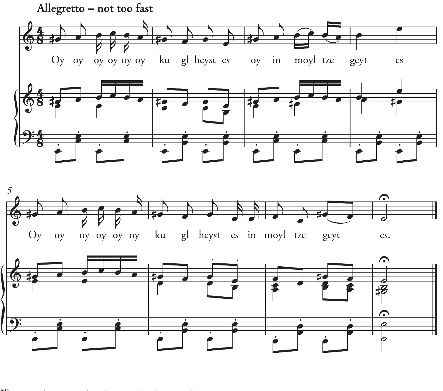 Example 1. Sholem Aleichem, ‘Kugl heyst es’, transcribed and arranged by Joseph Rumshinsky, repr. in Melech Grafstein’s Sholom Aleichem Panorama, ed. Melech Grafstein (London, ON, 1948), 290. 