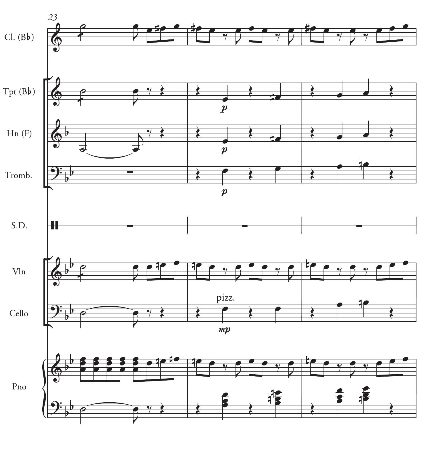 Example 3. Achron, Stempenyu, ‘Overture (March)’, bars 23-5. Jerusalem, Jewish National and University Library, Music Department, Joseph Achron Collection (Mus 12).  the overture introduces the play less as a retelling of an old Yiddish tale than as a 