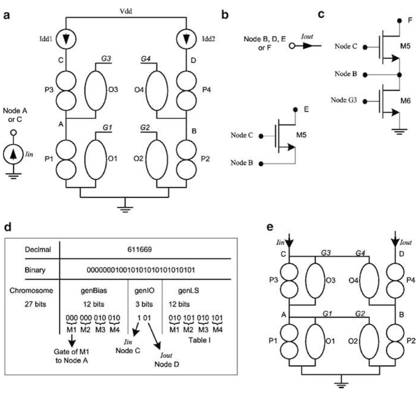 Fig. 1.19 (a) Modeling a CM; (b) and (c) extra circuits for Jour; (d) codification of chromosome: 611669; (e) generic model of the CM 611669 [12] 