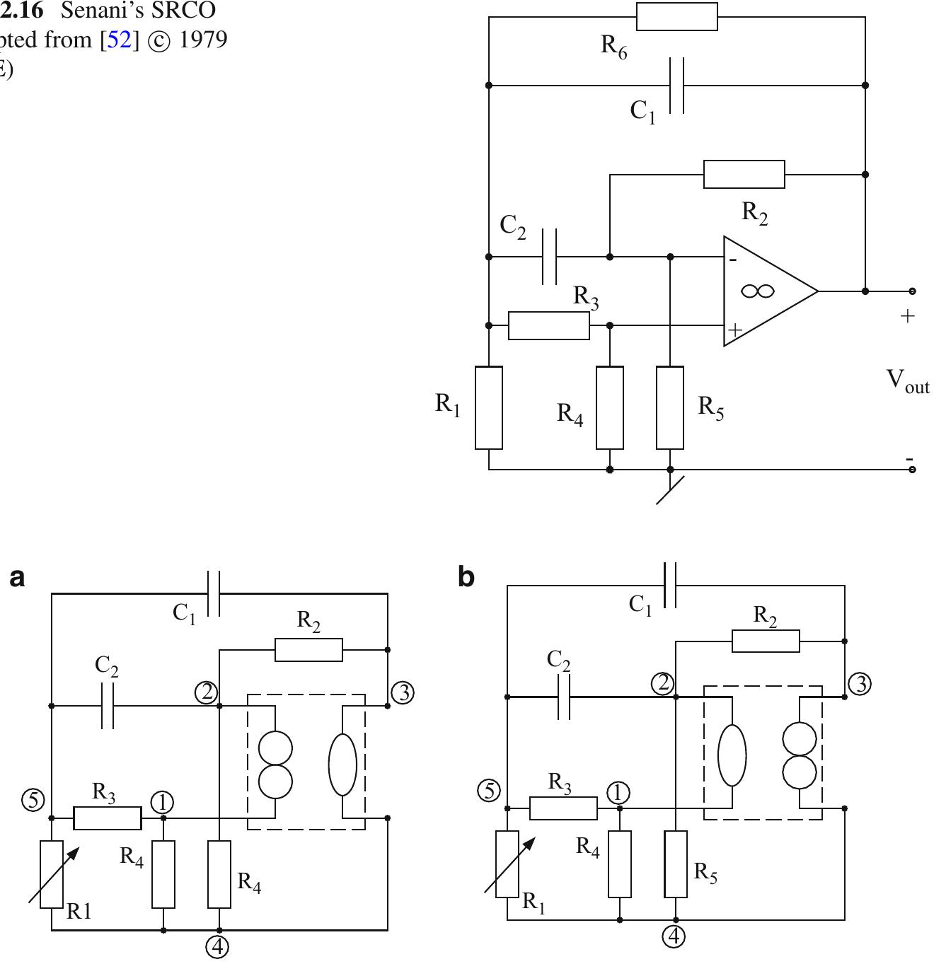 Fig. 2.17 (a) A nullor model of the SRCO of Fig. 2.16. (b) An alternative nullor model of the same circuit 