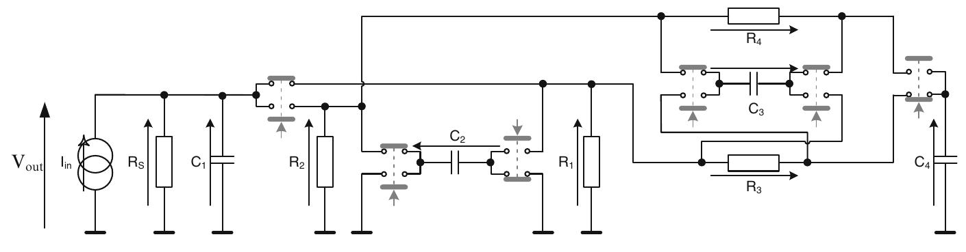 Fig. 5.5 The “switched” circuit obtained from Table 5.9  Fig. 5.4 Screenshot of the transfer function corresponding to Table5.9 obtained using [11]. (a) The product matrix coefficients. (b) The numerator coefficients. (c) The denominator coeffi- cients 