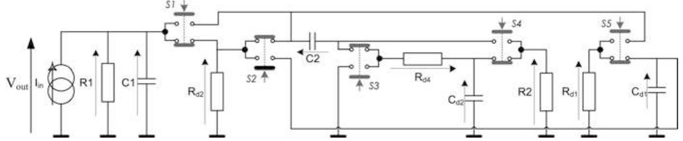 Fig. 5.9 The “switched” circuit (according to Table 5.12)  Fig. 5.8 Screenshot of the transfer function corresponding to Table 5.12 obtained using [11]. (a) The numerator coefficients. (b) The denominator coefficients. (c) The product matrix coeffi- cients 