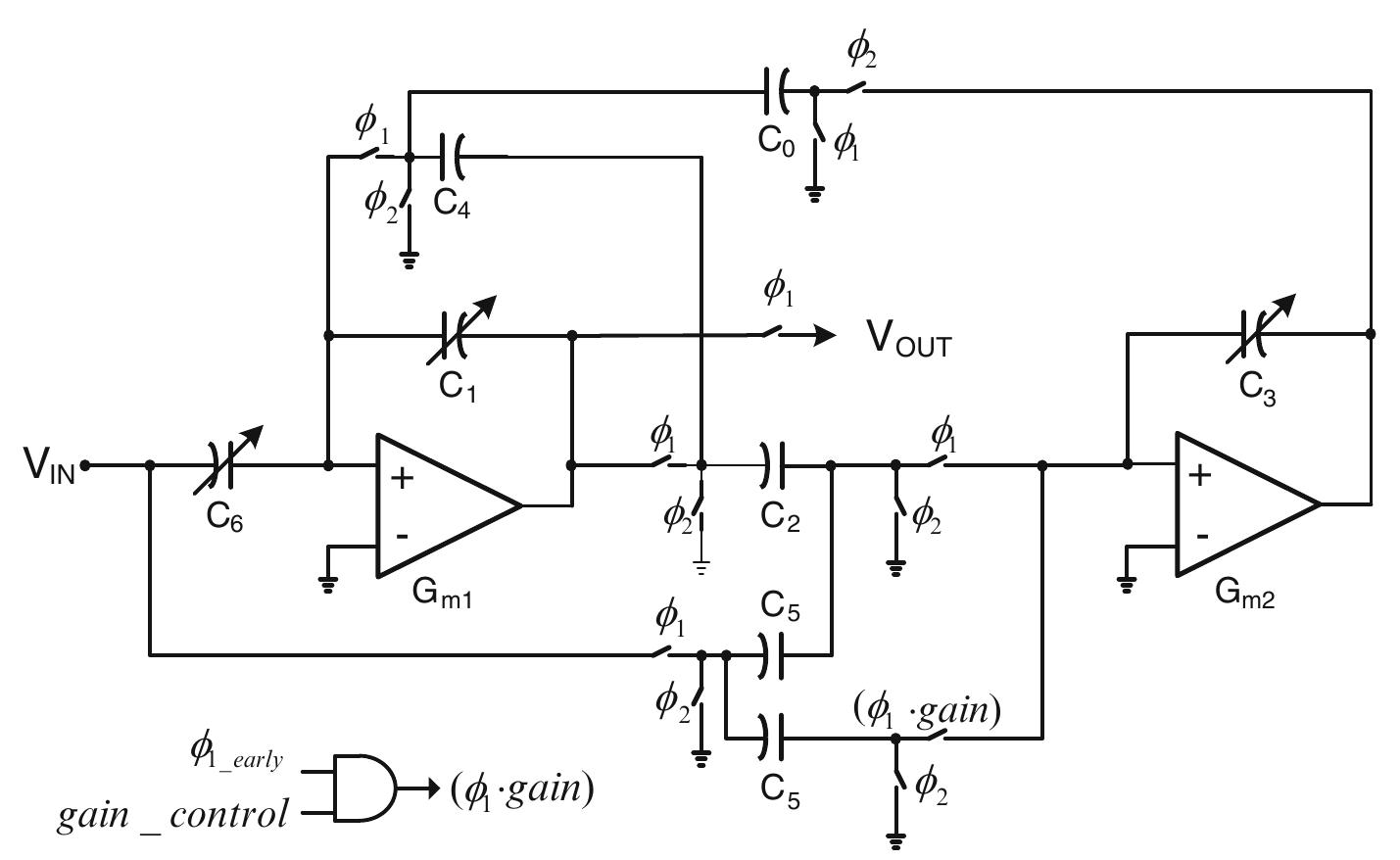Fig. 6.14 Switched-capacitor biquad implementation (single-ended structure shown) 